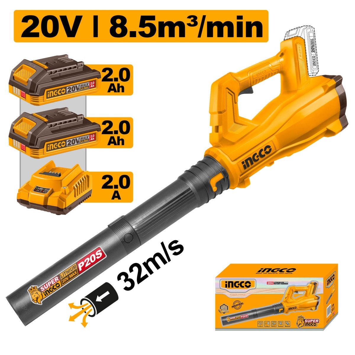 Blower 20V 15000Rpm Incluye 2 Baterias Y Cargador Ingco Ucabli203232 - MARKEMSTORE - Pistolas y Sopladores