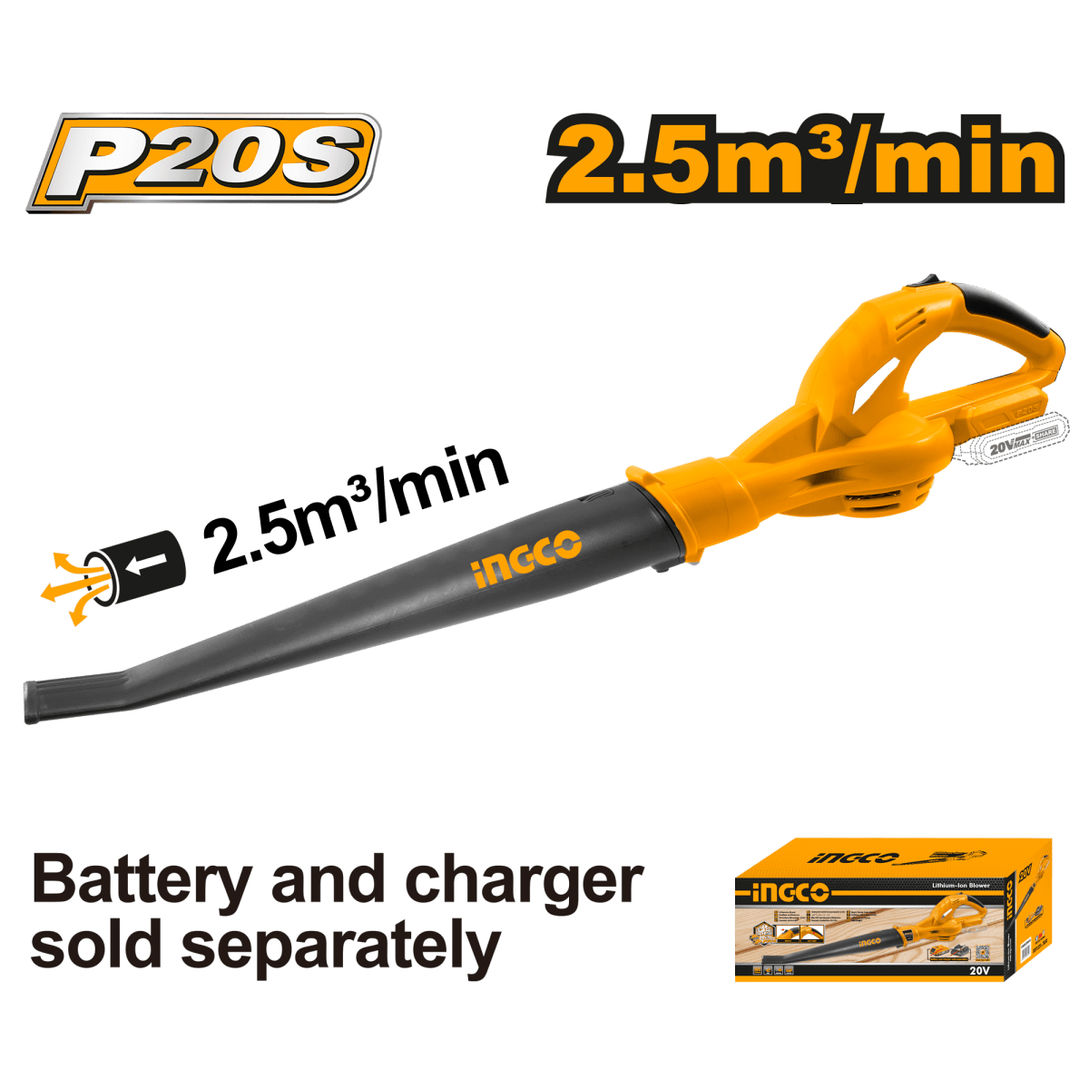 Blower Inalambrico Ionlitio 20V 13000/Min 210Km/H 0,042M3/S Ingco CABLI2004 - MARKEMSTORE - 