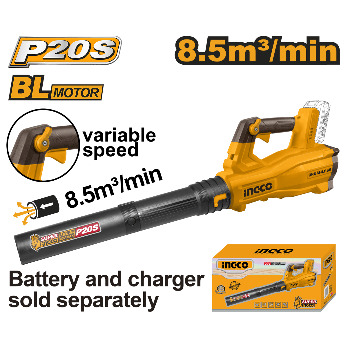 Blower INGCO 20V 18500RPM - Soplador de Aire Profesional 8.5m³/min CABLI20428 - MARKEMSTORE - Pistolas y Sopladores