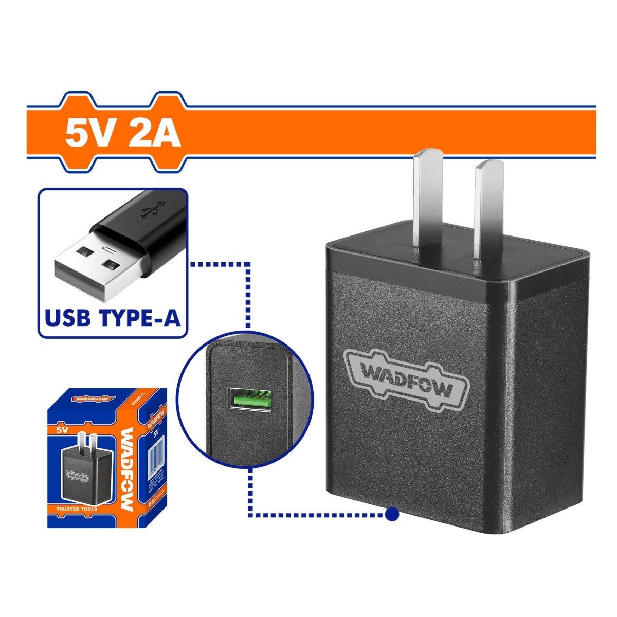 Cargador USB Tipo A WADFOW 5V 2A 100-240V Universal Sin Cable UWFCT552 - MARKEMSTORE - Baterías y Cargadores