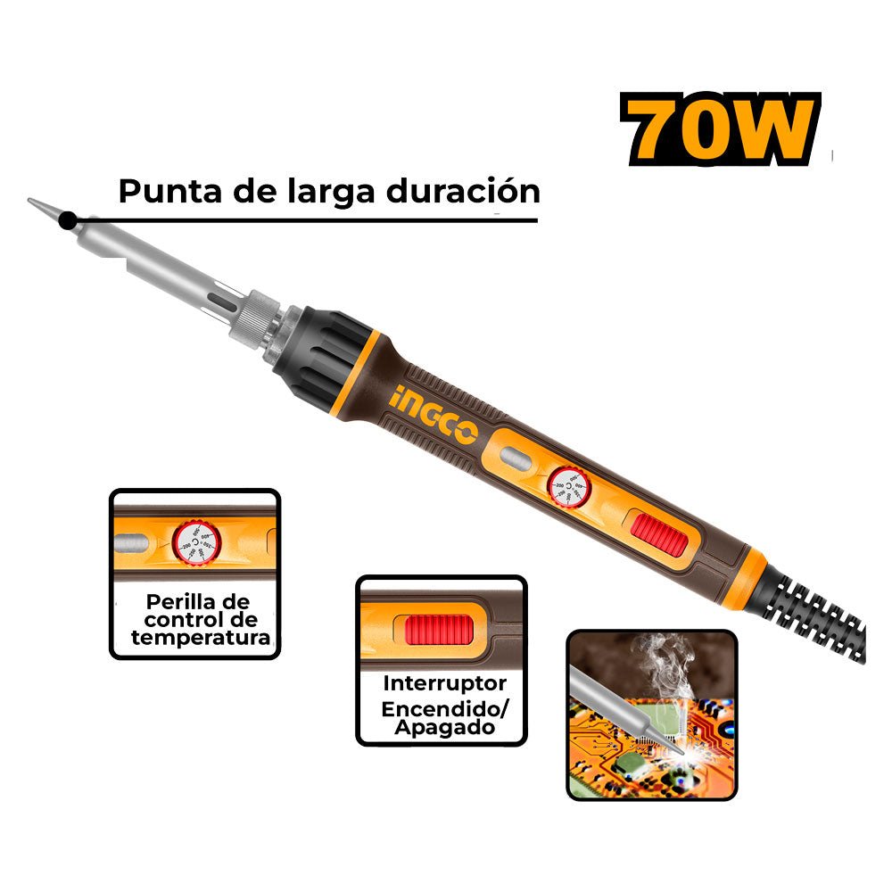 Cautín Eléctrico INGCO 70W 500°C USI01606 | Soldador - MARKEMSTORE - Soldadores y Accesorios