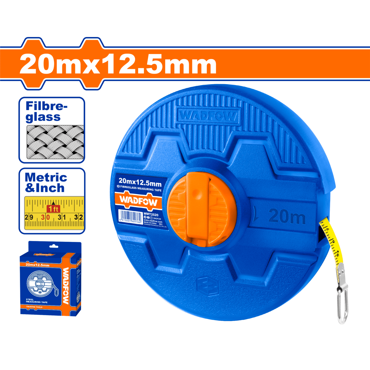 Cinta Métrica 20M Mt/Pulg Fibra Retráctil WADFOW WMT2520 - MARKEMSTORE -