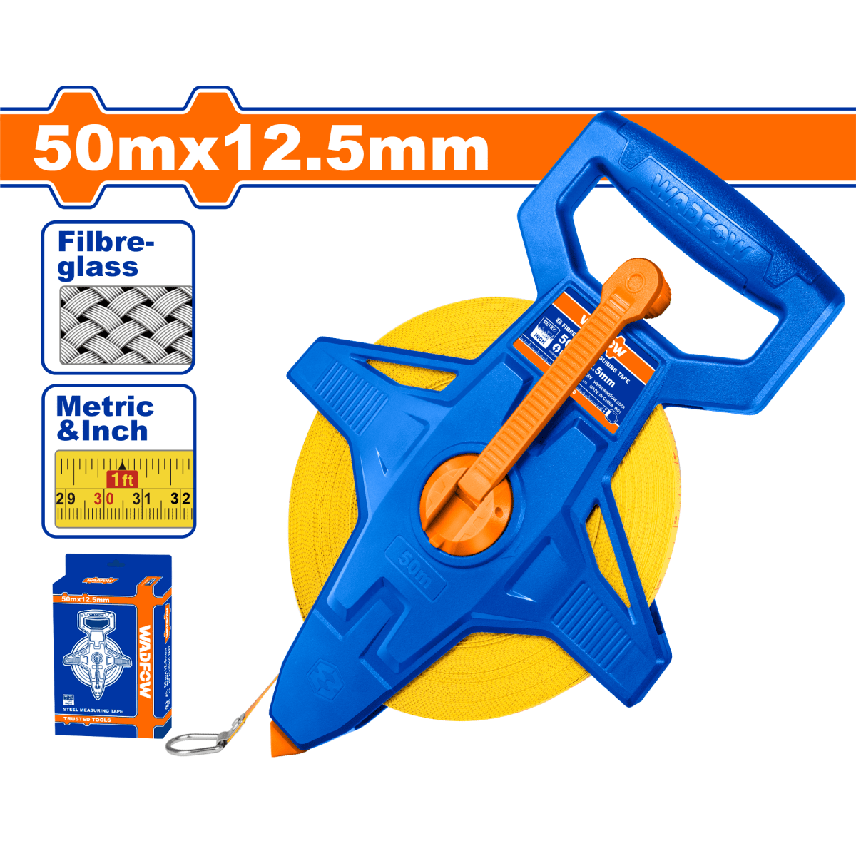 Cinta Métrica 50M Mt/Pulg Fibra Retráctil WADFOW WMT2550 - MARKEMSTORE -