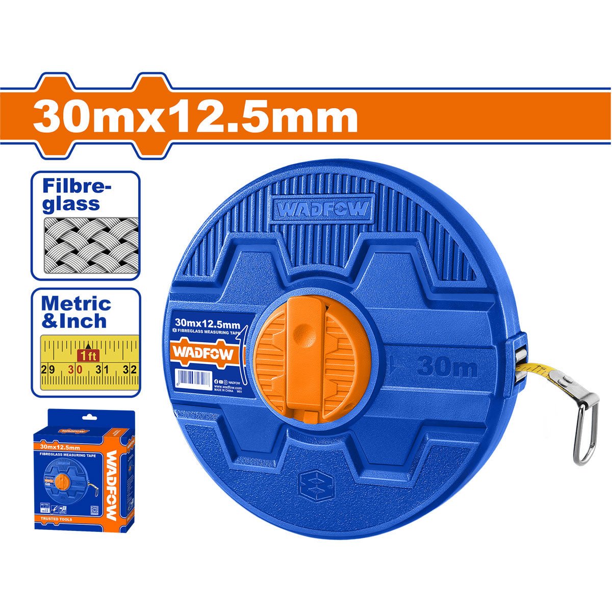 Cinta Métrica de Fibra Retráctil 30 Metros WADFOW WMT2530 - MARKEMSTORE - Cintas Métricas y Flexómetros