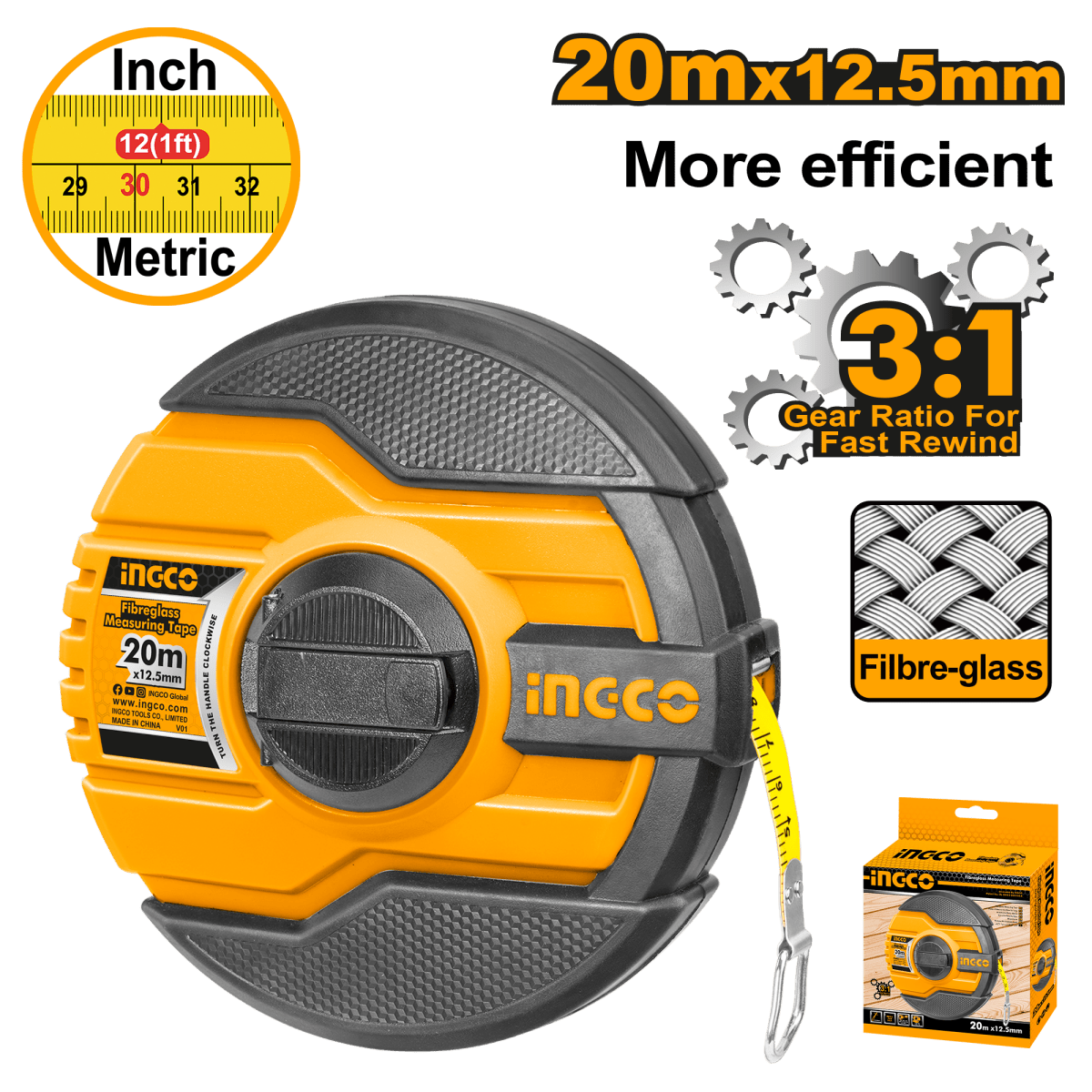 Cinta Metrica Fibravidrio 20Mtsx 12,5Mm INGCO HFMT8320 - MARKEMSTORE - 