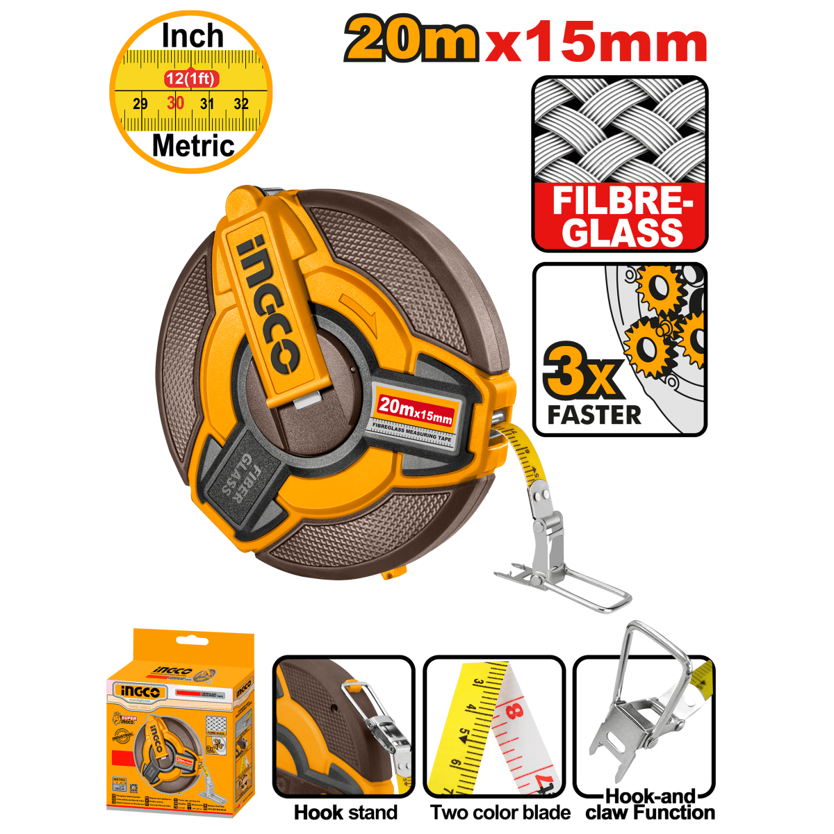 Cinta Metrica Fibravidrio 20Mtsx 15mm Ingco Hfmt1820 - MARKEMSTORE - Cinta Metrica
