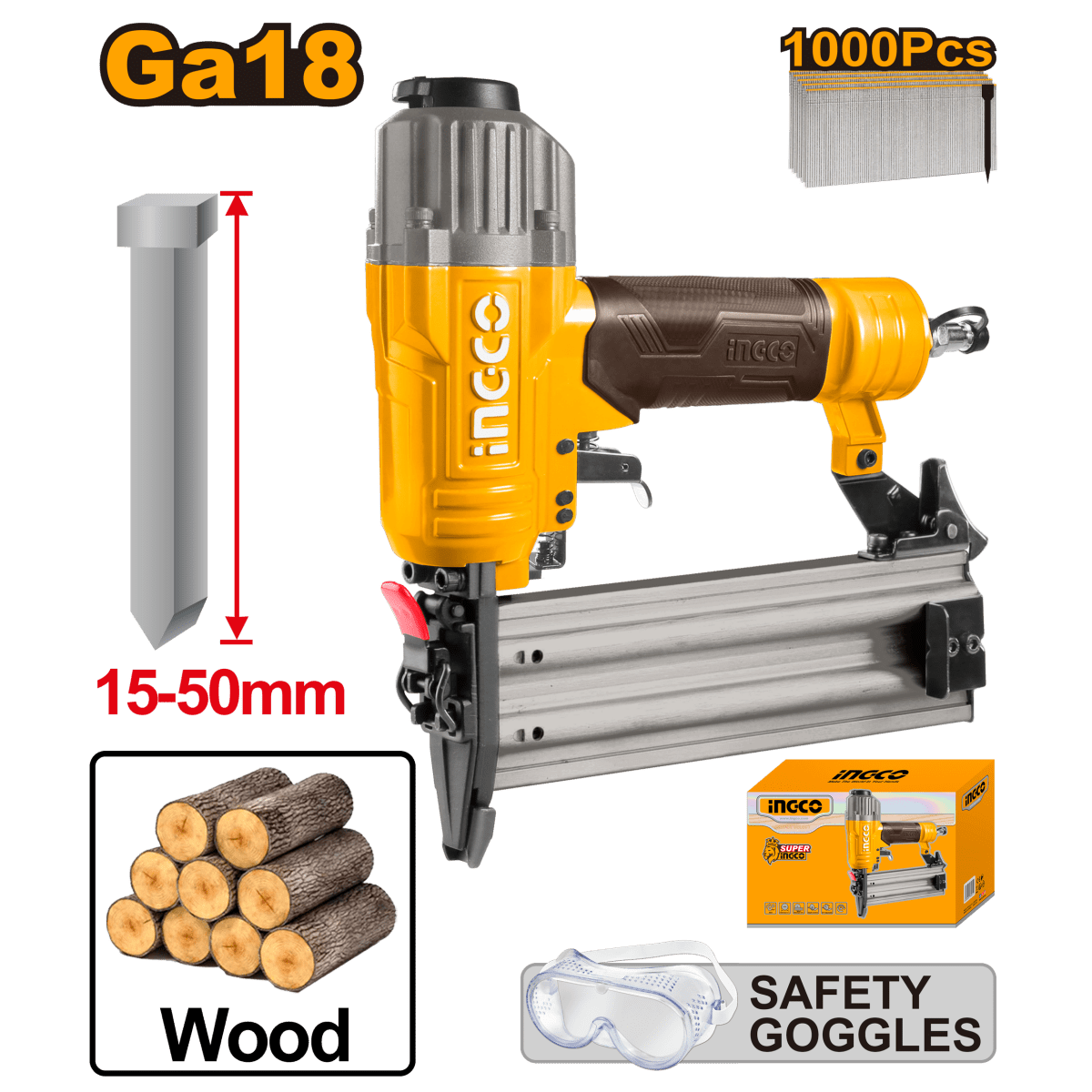 Clavadora Clavos 15 - 50Mm Ga18 1.25X1Mm Presión 0.5 - 0.7Mpa Ingco ABN15501 - MARKEMSTORE -