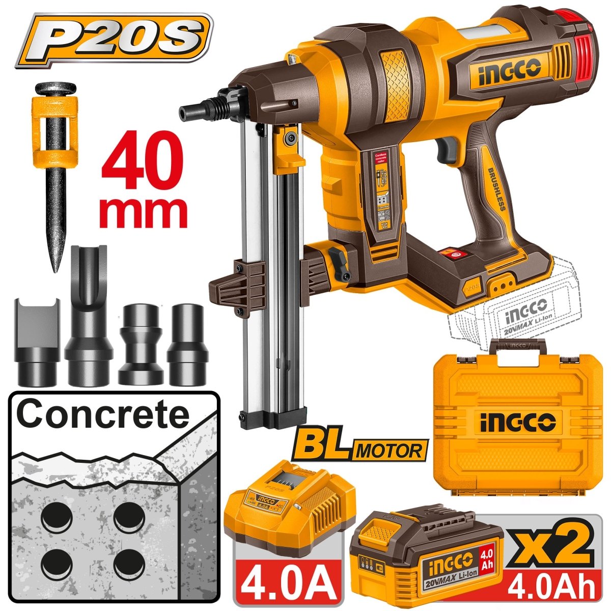 Clavadora para Concreto INGCO 20V Sin Escobillas 19 - 40mm + 2 Baterías 4Ah y 1000 Clavos UCCNLI9008 - MARKEMSTORE -