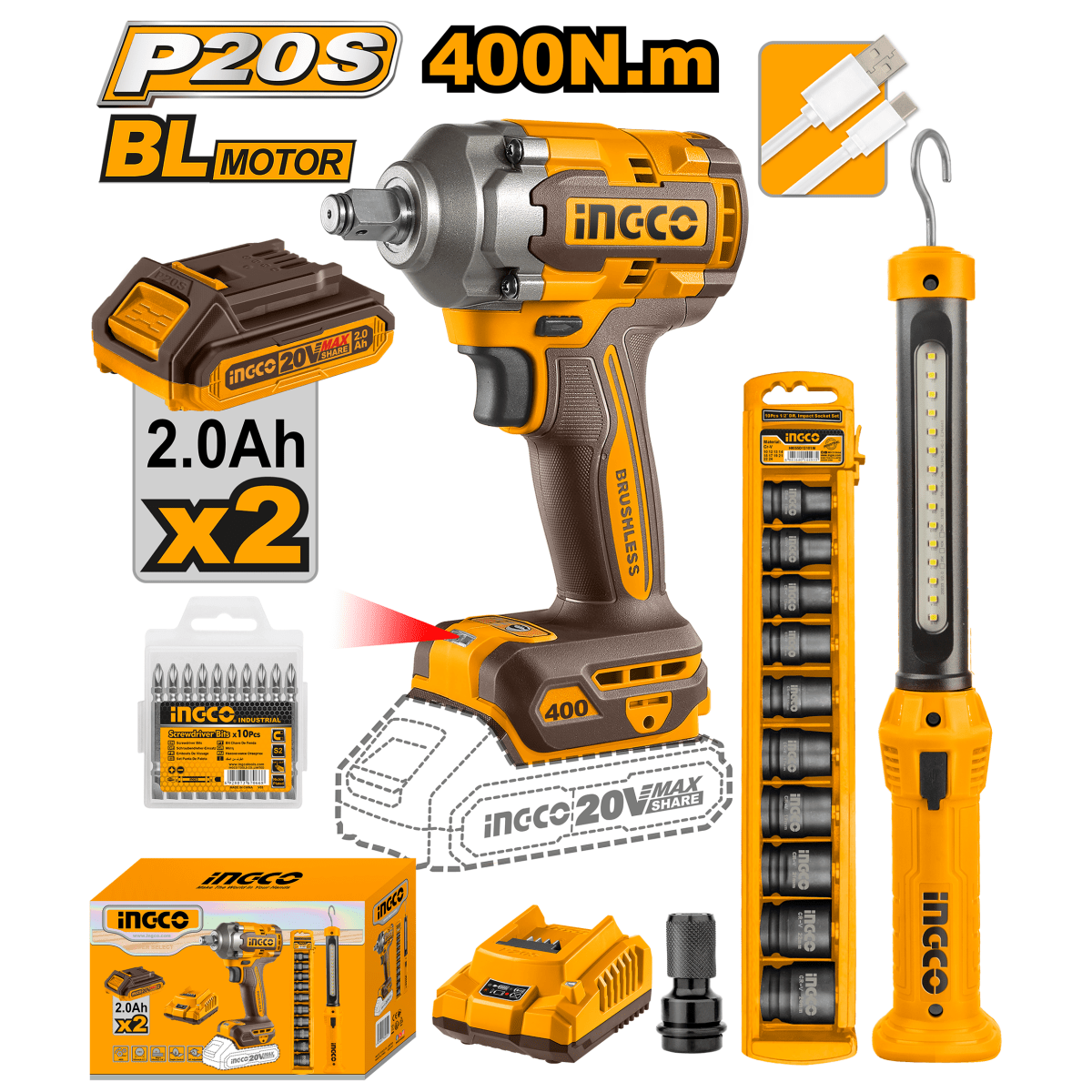 Combo 1 Llave De Impacto 1 Lampara 20V y accesorios Ucosli23048 - MARKEMSTORE -