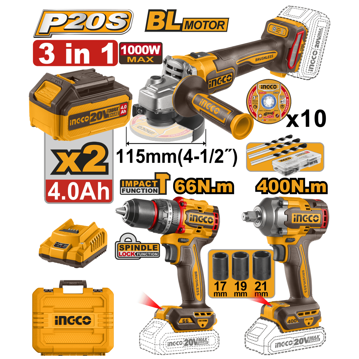 Combo: 1 Llave Impacto + 1 Taladro De Impacto + 1 Pulidora 4 1/2 Ingco Ucosli241291 - MARKEMSTORE - Taladro