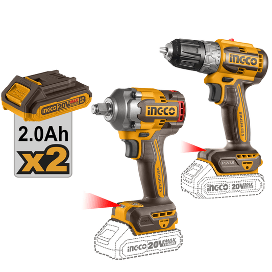 Combo: 1 Taladro 20V 52Nm + 1 Llave Impacto 20V 400Nm Con 2 Baterias INGCO UCKLI20271 - MARKEMSTORE -
