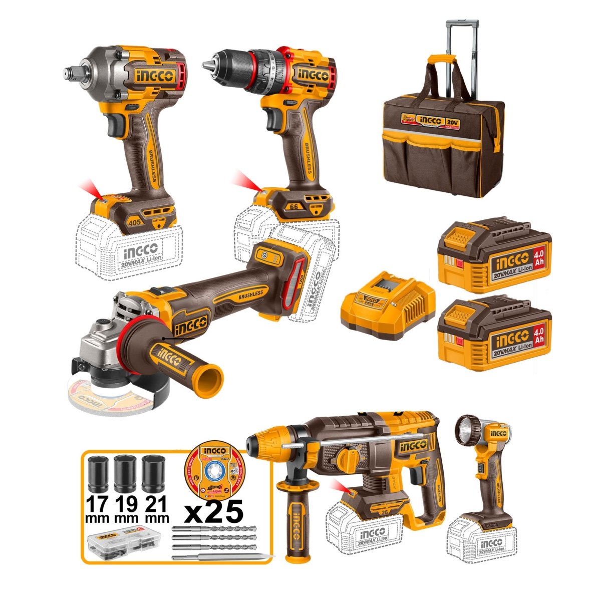 Combo 20V 1 Taladro De Impacto 1/2, Pulidora, Llave De Impacto, Rotomartillo, Lampara, Uckli20595 - MARKEMSTORE - Combos de Herramientas