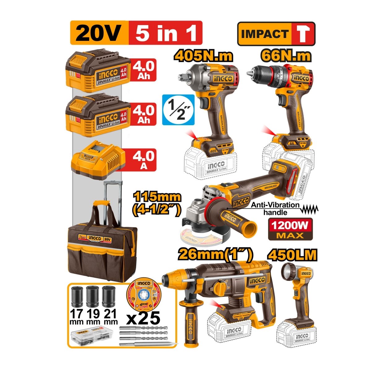 Combo 20V 1 Taladro De Impacto 1/2, Pulidora, Llave De Impacto, Rotomartillo, Lampara, Uckli20595 - MARKEMSTORE - Combos de Herramientas