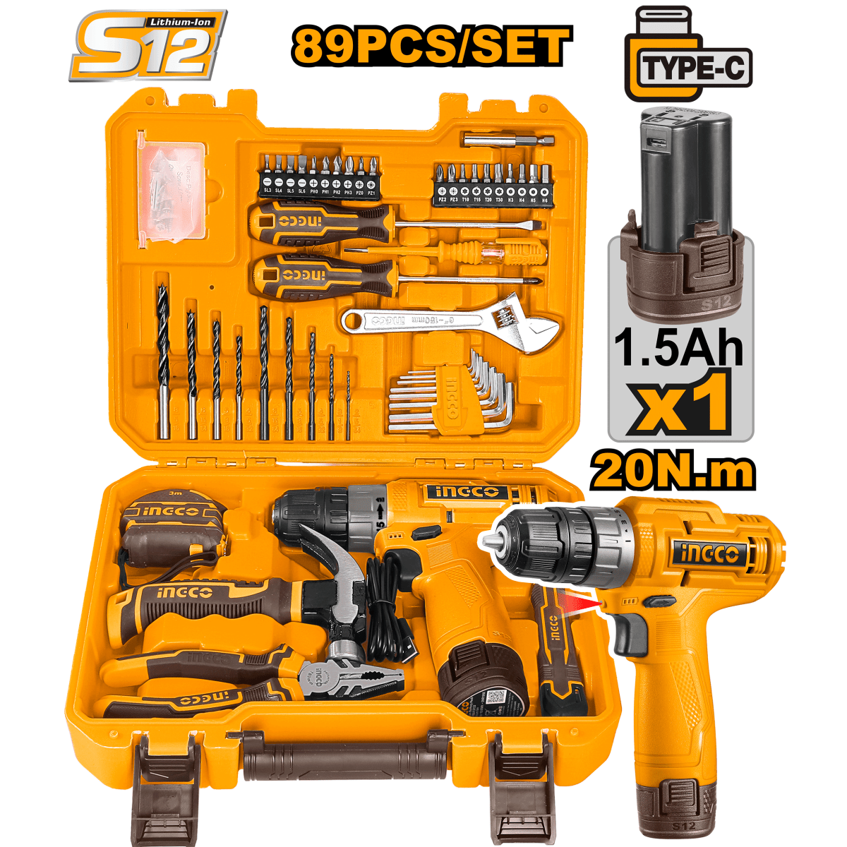 Combo 89 Pcs 1 Taladro M3/8 12V Rotacion + 1 Batería 12V INGCO HKTHP10891 - MARKEMSTORE -