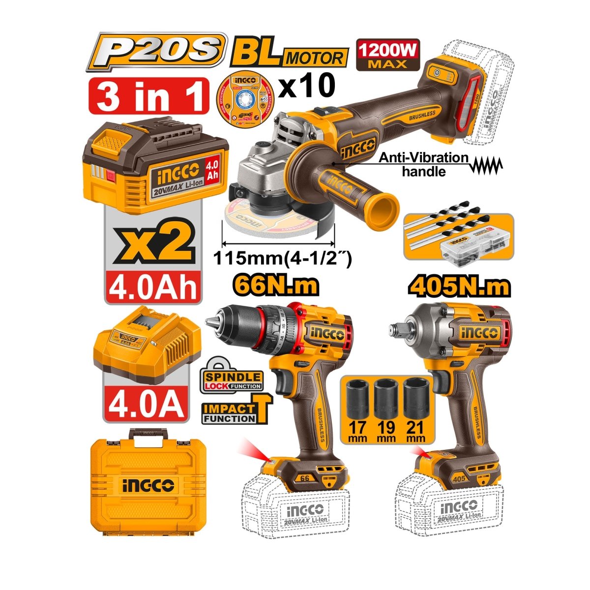 Combo de Herramientas Inalámbricas INGCO 20V 3 Piezas 2 Baterías UCKLI20358 - MARKEMSTORE - Combos de Herramientas