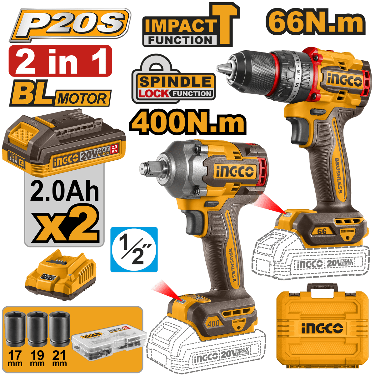 Combo Herramientas 20V 1 Taladro y 1 Llave de Impacto 1/2 - MARKEMSTORE -