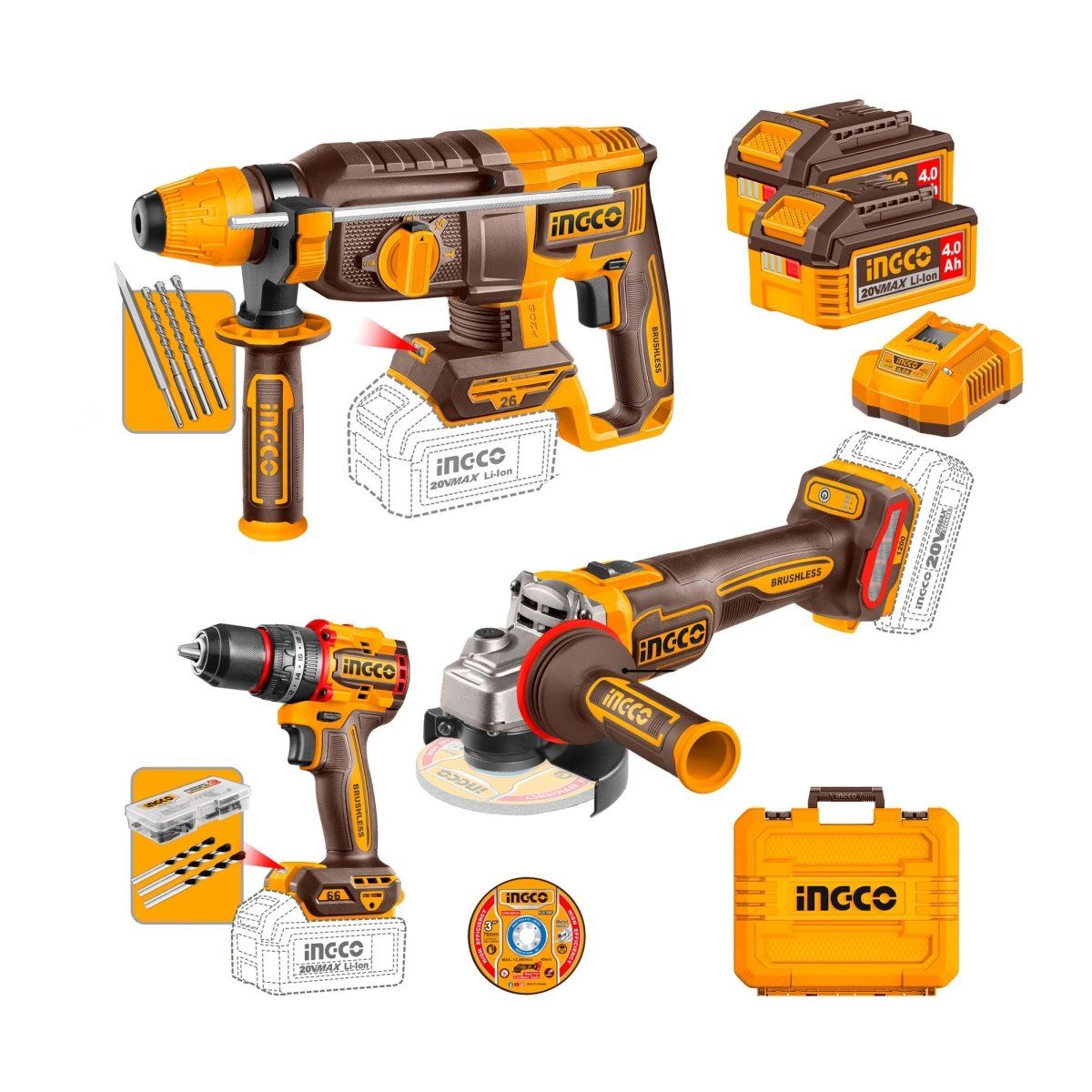 Combo Herramientas Inalámbricas INGCO 20V 3 en 1 – Taladro 20V, Pulidora y Rotomartillo UCKLI202598 - MARKEMSTORE - Combos de Herramientas