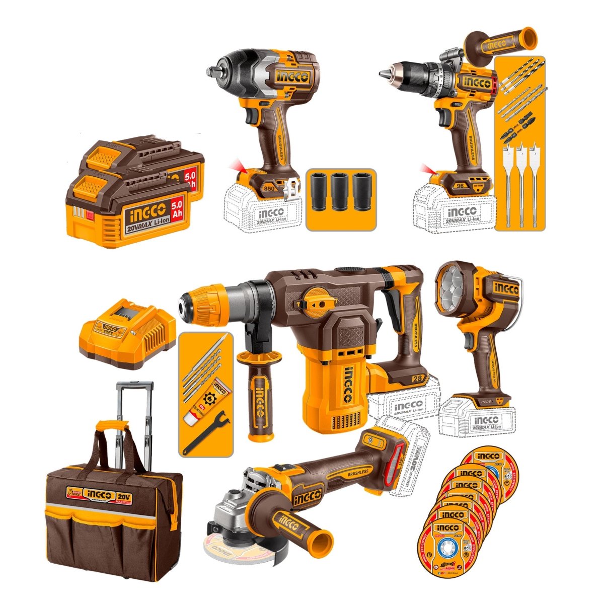 Combo Herramientas Inalámbricas INGCO 20V 5 en 1 Taladro Rotomartillo Pulidora Llave Lámpara | UCOSLI251193 - MARKEMSTORE - Combos de Herramientas