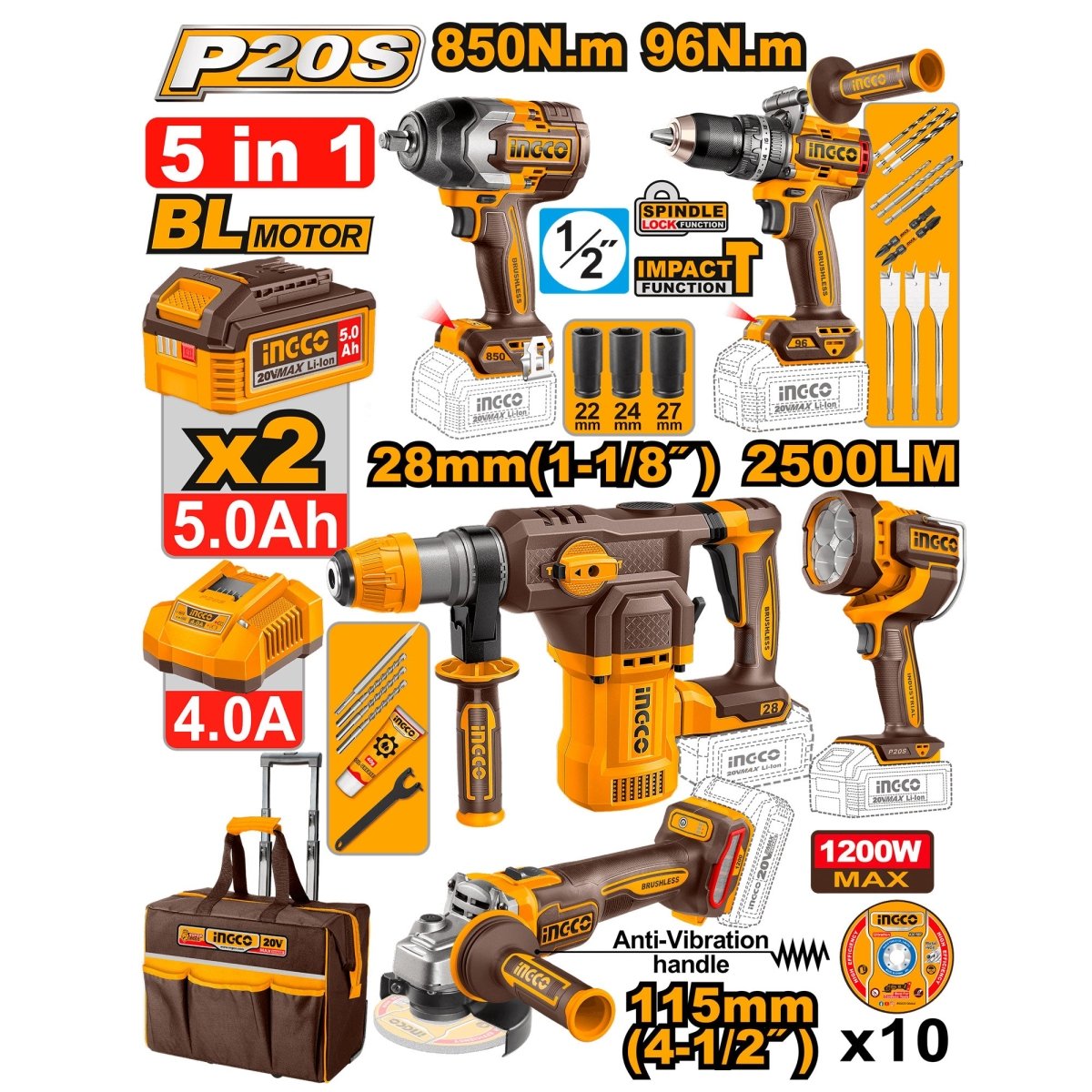 Combo herramientas inalámbricas Taladro 20v Rotomartillo Pulidora y Lampara UCOSLI251193 - MARKEMSTORE - Combos de Herramientas