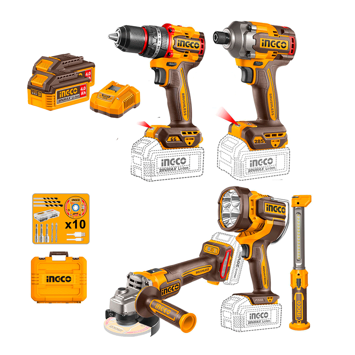 Combo Inalámbrico 20V  Taladro Impacto + Atornillador + Pulidora + 2 Lámparas INGCO UCOSLI250692 - MARKEMSTORE - Combos