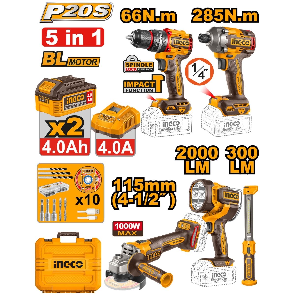 Combo Inalámbrico 20V  Taladro Impacto + Atornillador + Pulidora + 2 Lámparas INGCO UCOSLI250692 - MARKEMSTORE - Combos