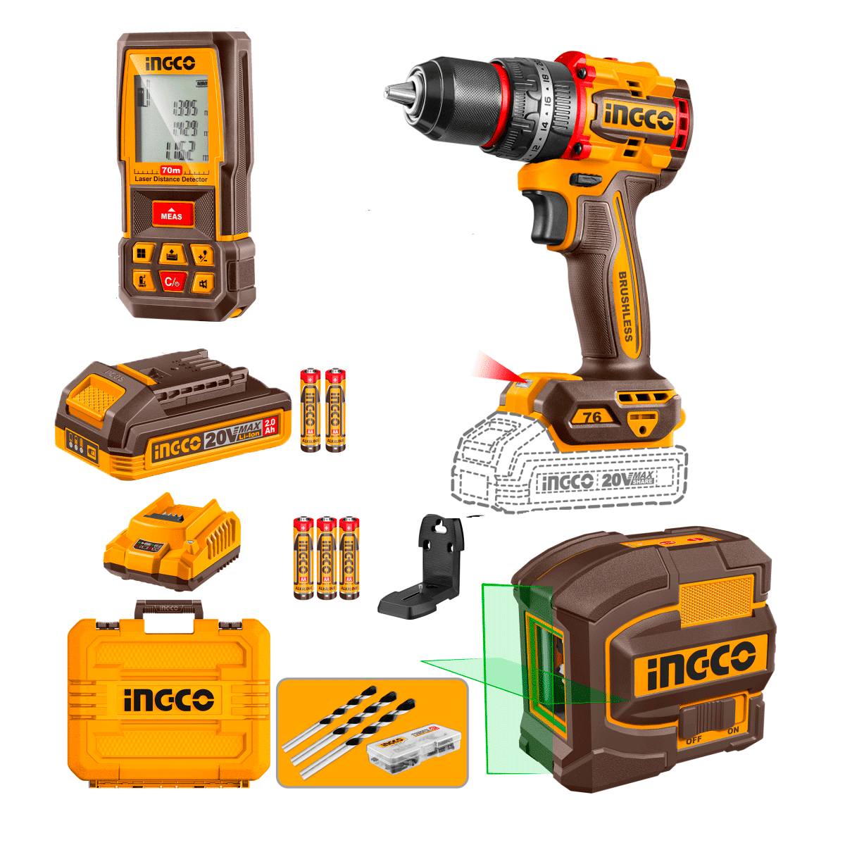 Combo Ingco 1 Taladro Impacto 1 Nivel Laser 1 Detector De Distancia UCOSLI250511 - MARKEMSTORE - Combos