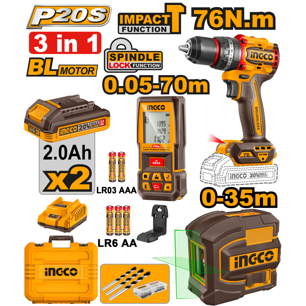 Combo Ingco 1 Taladro Impacto 1 Nivel Laser 1 Detector De Distancia Ucosli250511 - MARKEMSTORE - Combos