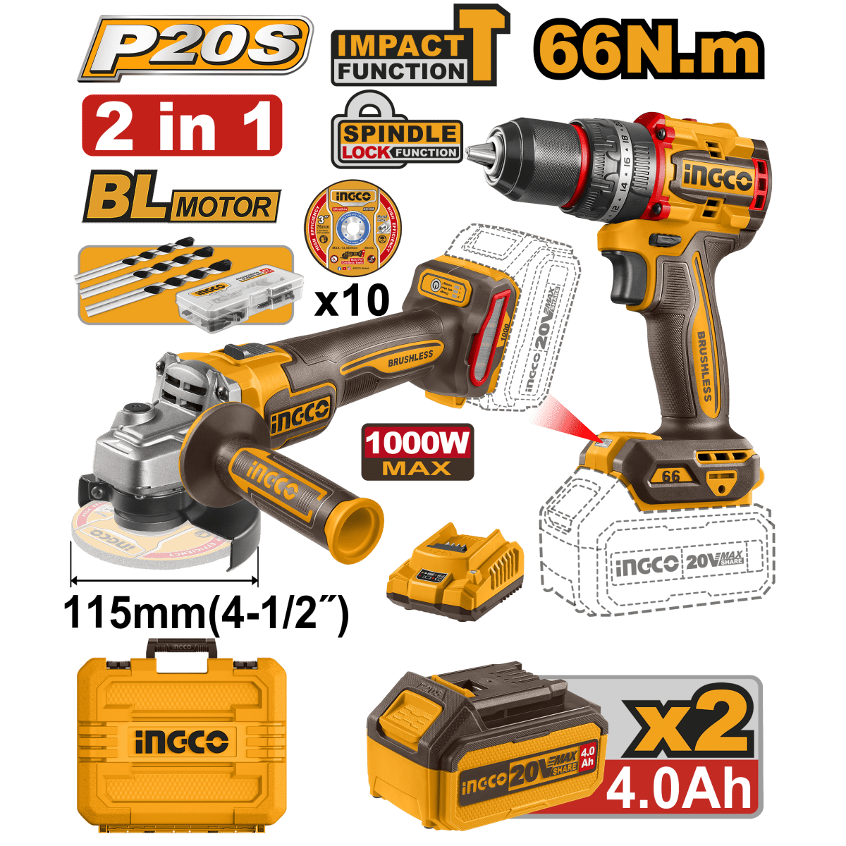 Combo Ingco 1 Taladro Inalambrico 1/2 20V + 1 Pulidora 1/2 20V Ingco Uckli20273 - MARKEMSTORE - Taladro