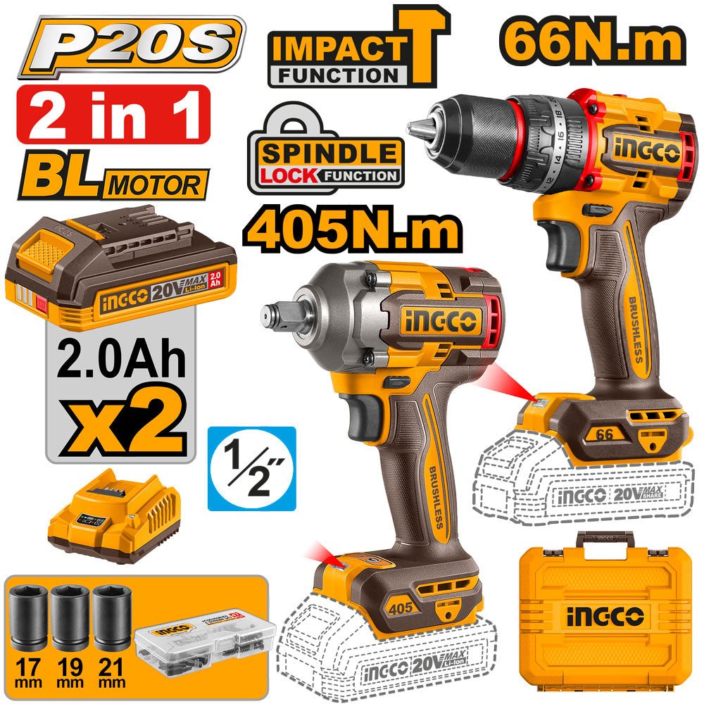 Combo Taladro + Llave de Impacto Inalámbrica 20V INGCO UCKLI20286 - MARKEMSTORE - Combos de Herramientas