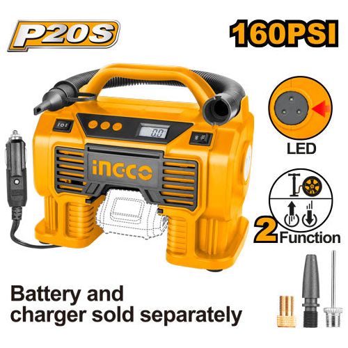 Compresor Inalambrico Ionlitio 20V 160Psi/11Bar Con Luz 3 Adaptadores Ingco CACLI2002 - MARKEMSTORE -