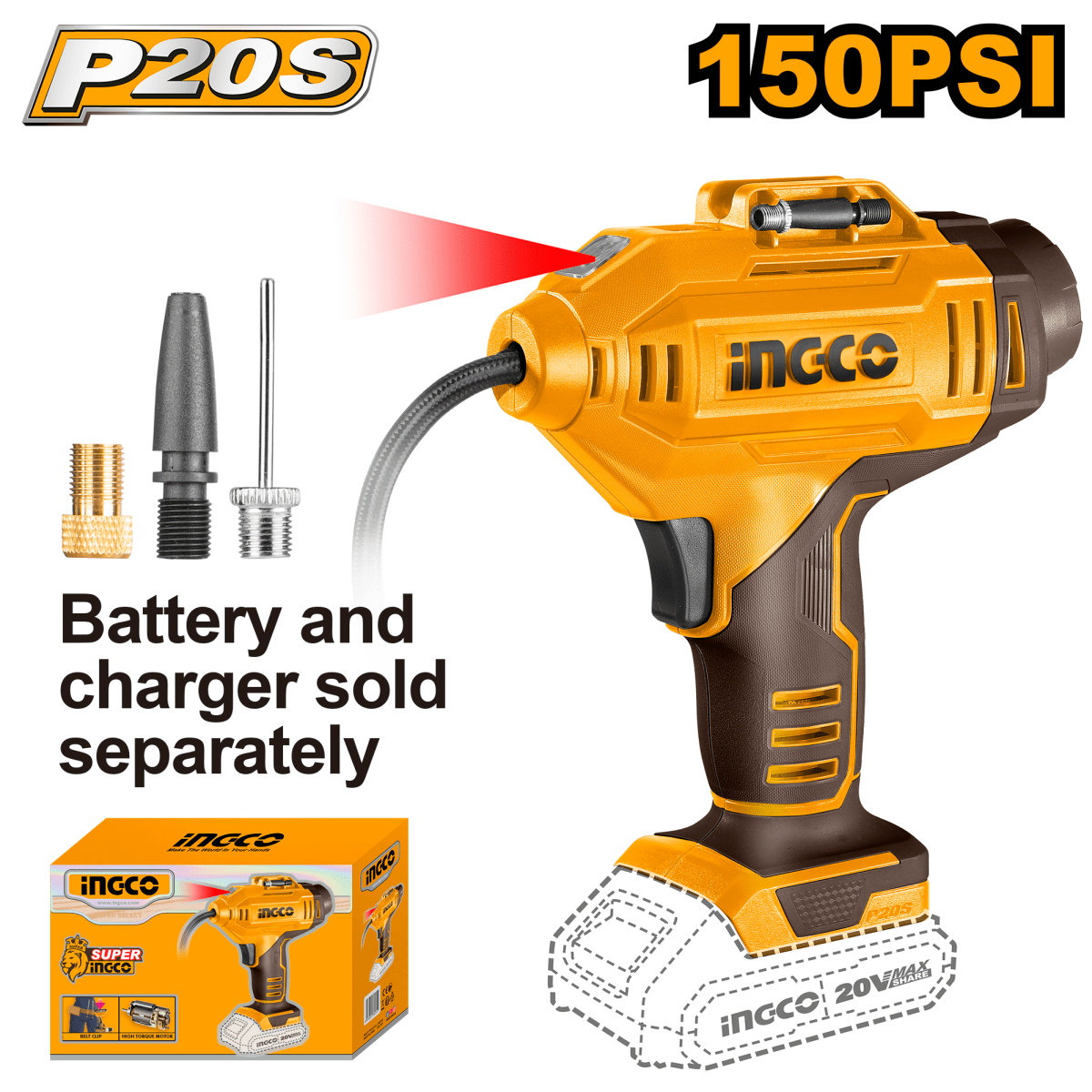 Compresor Inalambrico Ionlitio 20V Con 3 Adaptadores Cacli2018 - MARKEMSTORE -