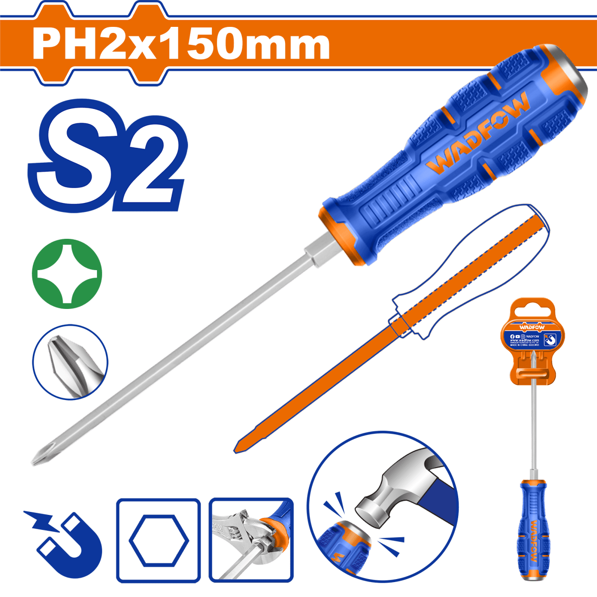 Destornillador Pasante Philips 6X150mm Bicolor WADFOW WQJ2226 - MARKEMSTORE -
