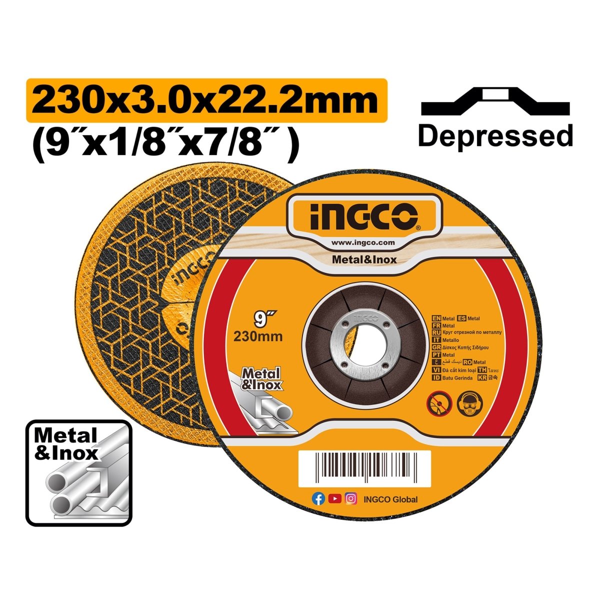 Disco Abrasivo Corte Metal- Inox 9X1/8X7/8 INGCO MCD302301HA - MARKEMSTORE - Accesorios Para Pulidora