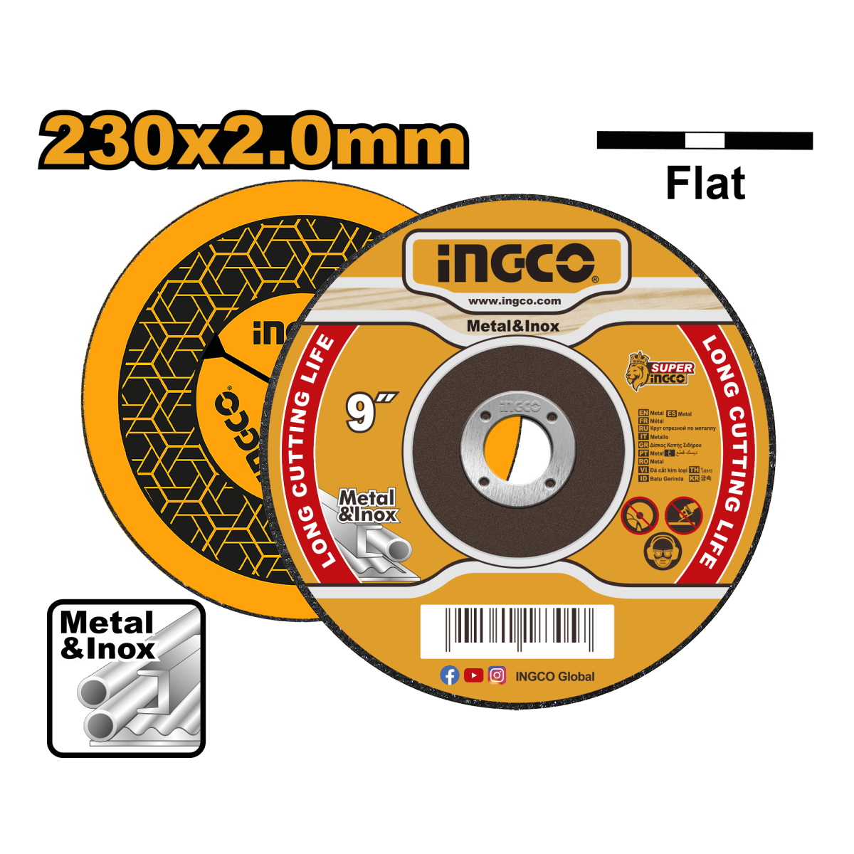 Disco de Corte Metal 9" x 2mm INGCO Inoxidable 6650 RPM Centro Plano MCD202303 - MARKEMSTORE - HERRAMIENTA PARA MEDICION