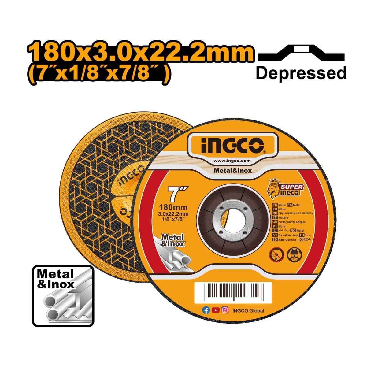 Disco de Corte para Metal e Inoxidable INGCO 180mm 7" x 3.0mm MCD301801 - MARKEMSTORE - Discos