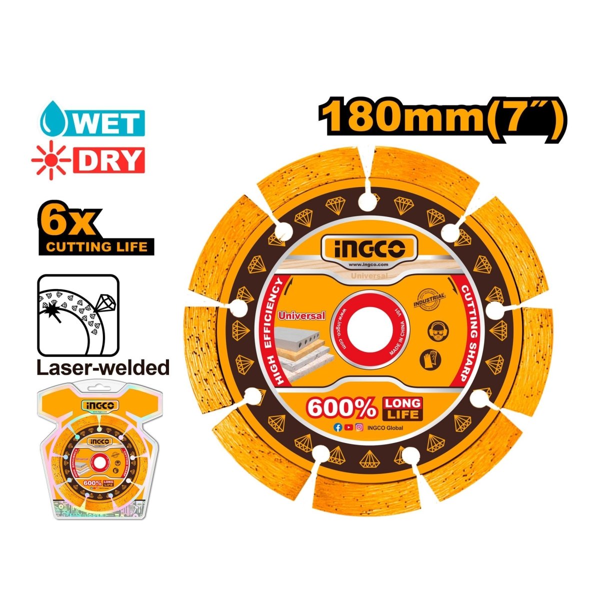 Disco Diamantado Segmentado 7X3/8X7/8 Ingco DMD071801 - MARKEMSTORE - Discos
