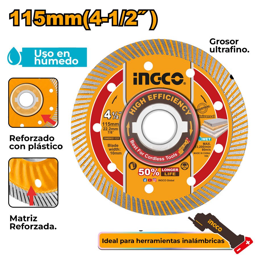 Disco Diamantado Ultrafino 4 - 1/2" INGCO DMD051151 | Disco de Corte Profesional - MARKEMSTORE - Discos