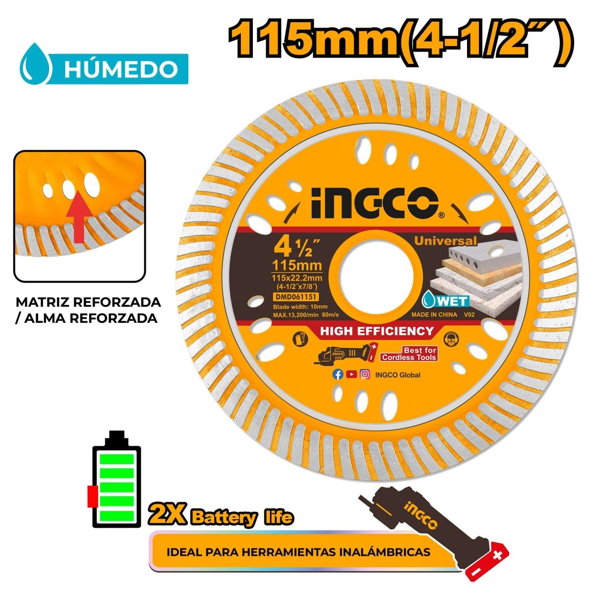 Disco Diamantado Ultrafino INGCO 4 - 1/2" 115x22.2mm DMD061151 - MARKEMSTORE - Accesorios Para Pulidora