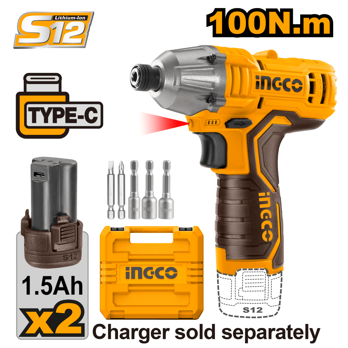 Driver 12V 100Nm M1/4 Con 2 Baterias Y Cargador INGCO CIRLI12015 - MARKEMSTORE -