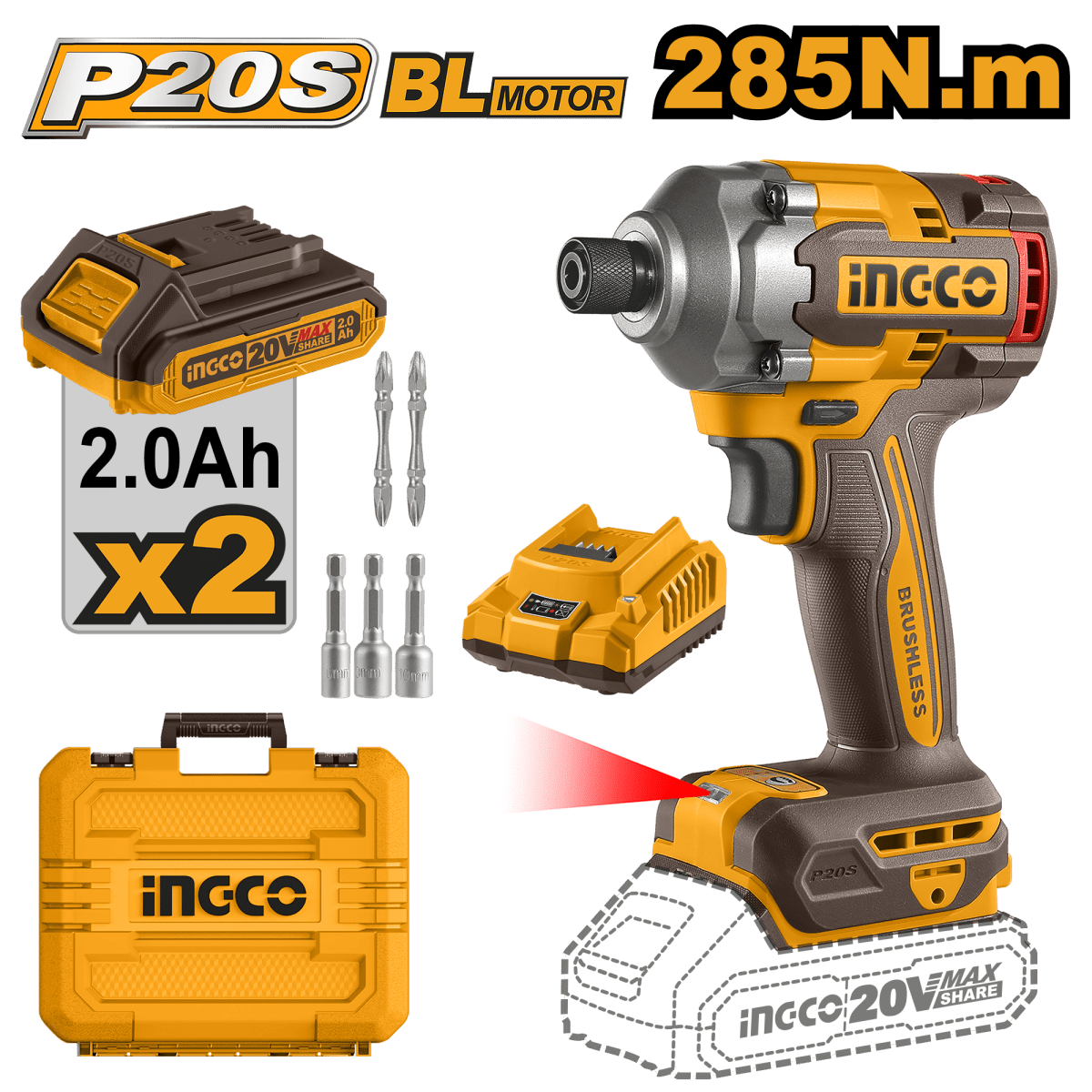 Driver 20V M1/4 0 - 2600Rpm 0 - 2900Bpm 285Nm Con 2 Baterias y Cargador INGCO UCIRLI2028 - MARKEMSTORE -