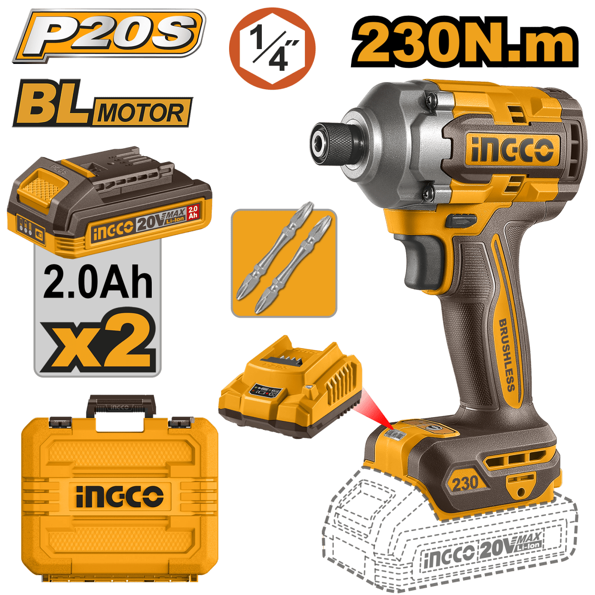 Driver M1/4 20V Incluye 2 Baterias y 1 Cargador Ingco Ucirli2023 - MARKEMSTORE - Driver