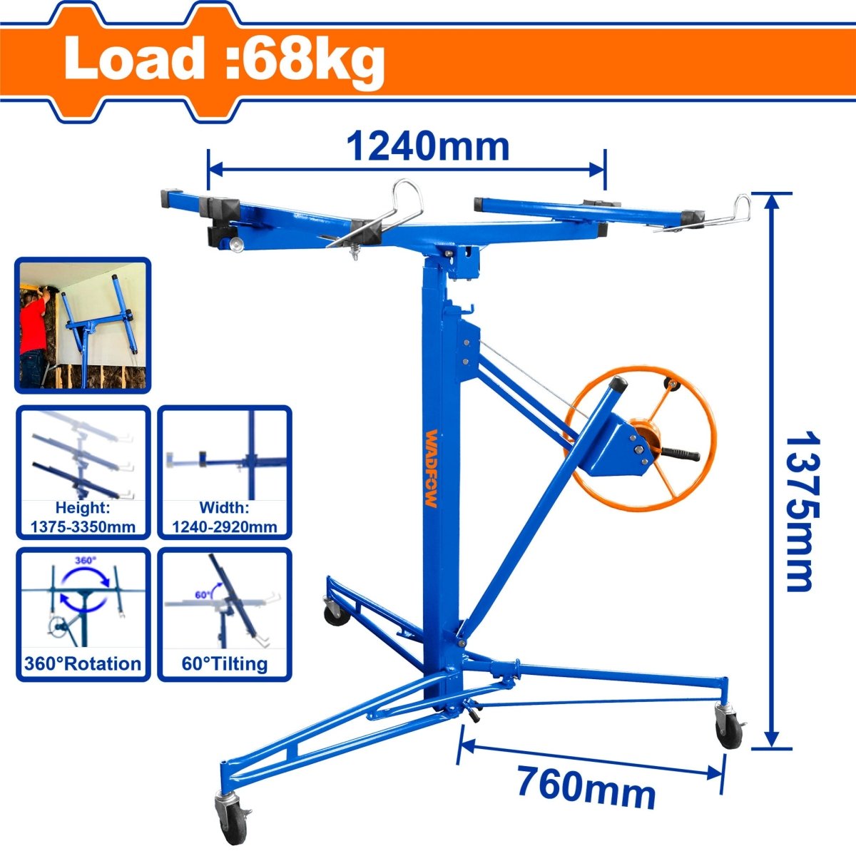 Elevador con brazo telescopico y ruedas de bloqueo para placas de yeso WJSQ1168 - MARKEMSTORE -