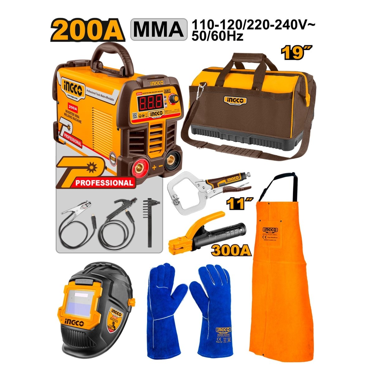 Equipo de Soldadura INGCO MMA 200A IGBT Kit 7 Piezas UCOS25075 - MARKEMSTORE - Soldadores y Accesorios