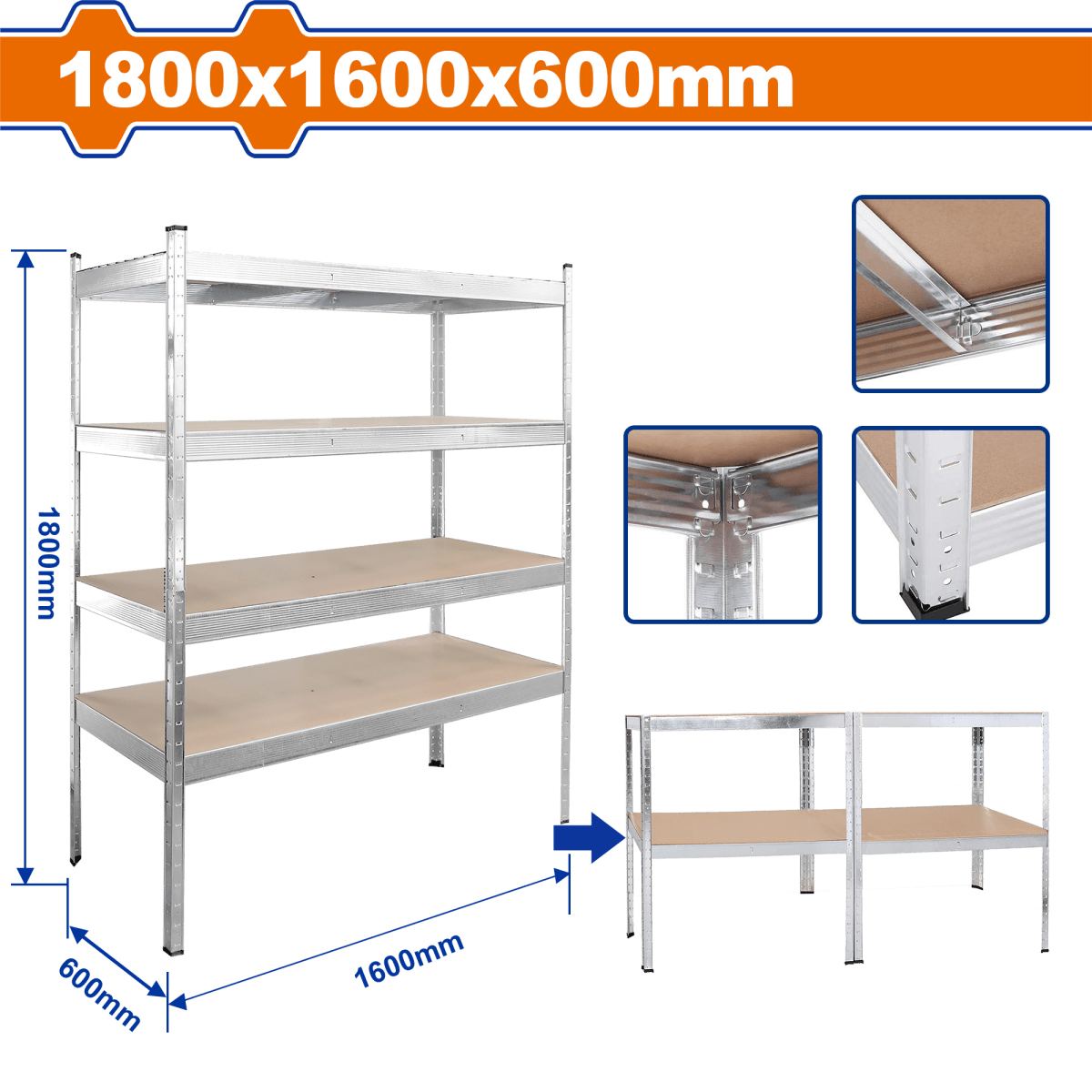 Estante liviano 4 niveles 1600x600x1800mm - 500kg por nivel WADFOW WTS1A16 - MARKEMSTORE - Estanteria