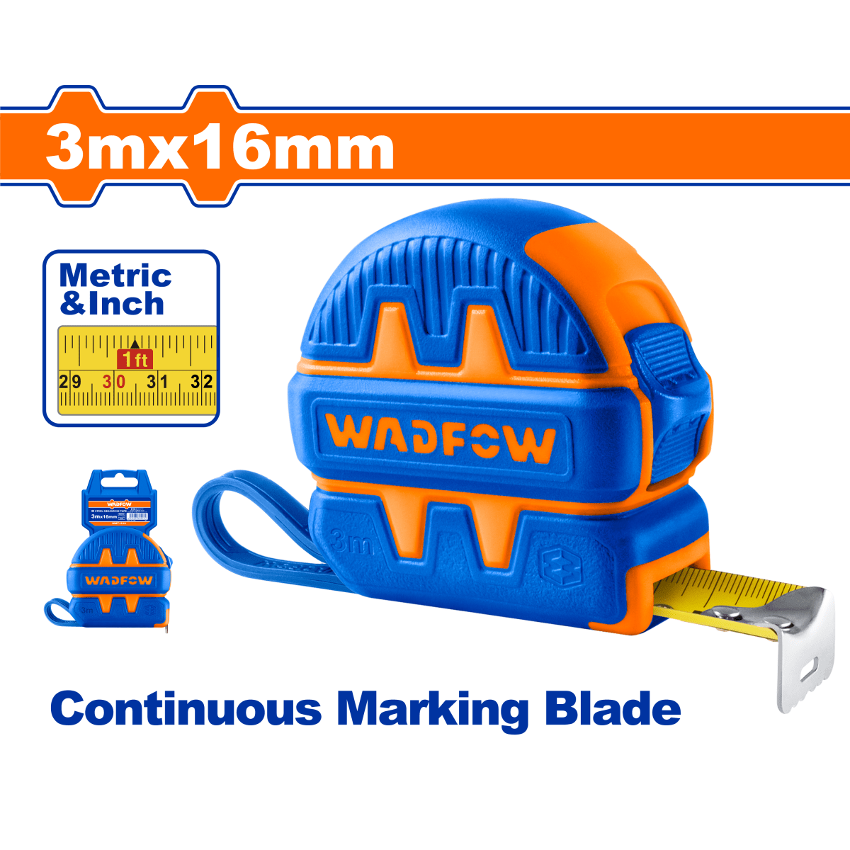 Flexómetro 3Mx16Mm 1 Botón Mts/Pulg WADFOW WMT1210 - MARKEMSTORE -