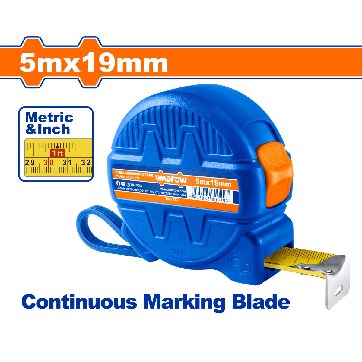 Flexómetro 5Mx19mm 1 Botón Mts/Pulg WADFOW WMT4320 - MARKEMSTORE -
