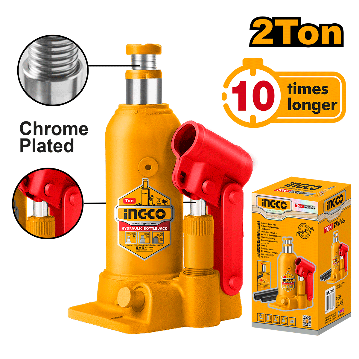 Gato Hidráulico Tipo Botella 2 Toneladas INGCO HBJ204 - 172 - 372mm - MARKEMSTORE - Gatos Hidraulicos