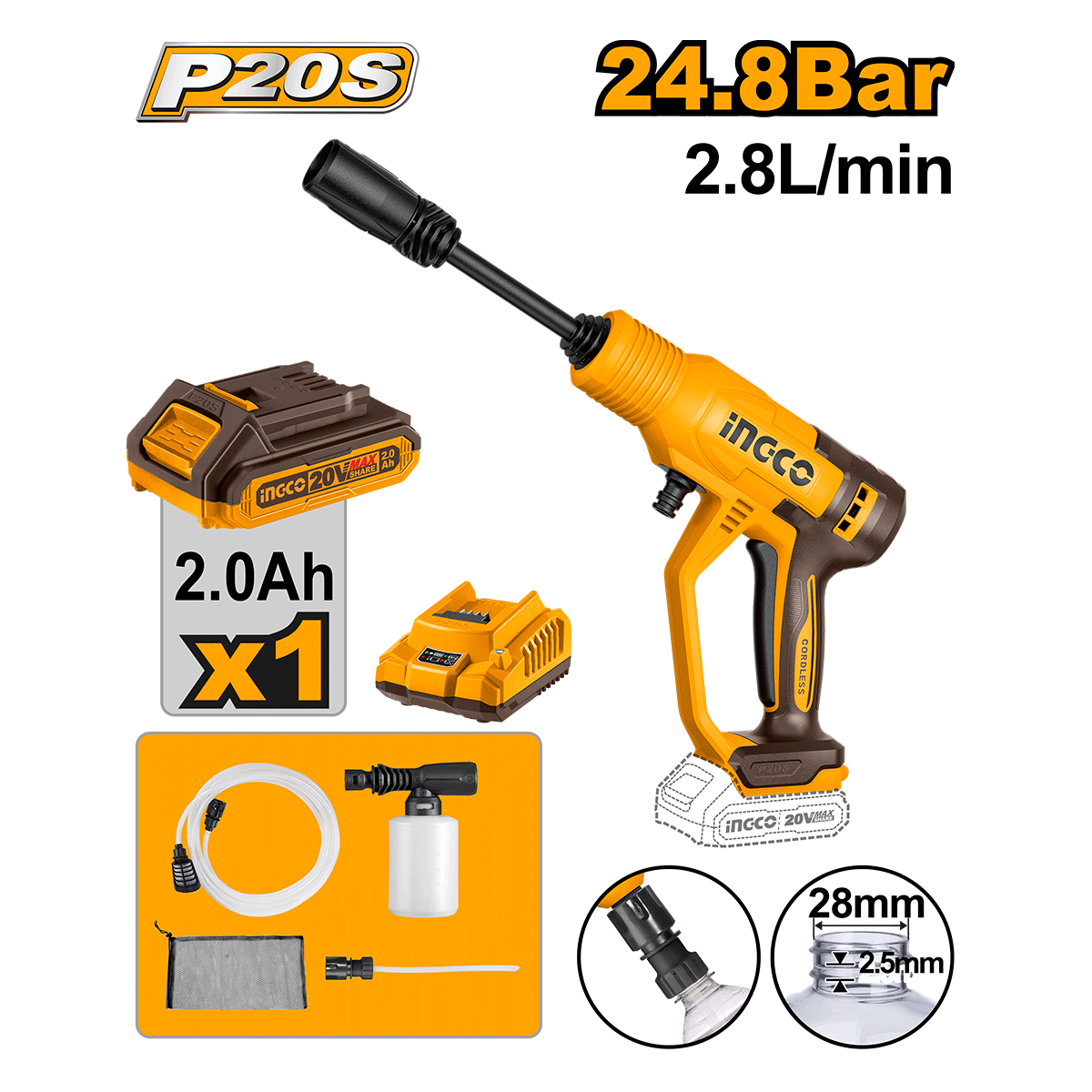 Hidrolavadora Inalámbrica INGCO 20V 24.8Bar 2.8L/min + Batería 2Ah, Cargador UCPWLI20362 - MARKEMSTORE - Hidrolavadoras