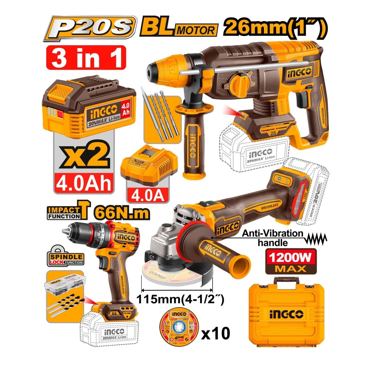 INGCO COMBO 20V 1 TALADRO 1/2 (CIDLI206681) 1 PULIDORA 4 - 1/2 (UCAGLI212025) 1 ROTOMARTILLO (CRHLI26208) 2 BATERIAS 4.0AH CARGADOR Y ACCESORIOS UCKLI202598 - MARKEMSTORE - Combos de Herramientas