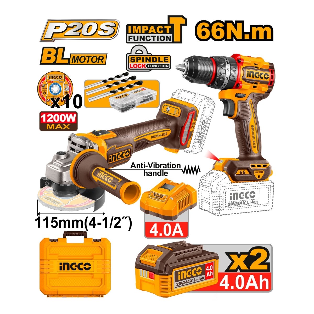 INGCO COMBO 20V 1 TALADRO 1/2 (CIDLI206681) 1 PULIDORA 4 - 1/2 (UCAGLI212025) 2 BATERIAS Y CARGADOR UCKLI20256 - MARKEMSTORE - Combos de Herramientas